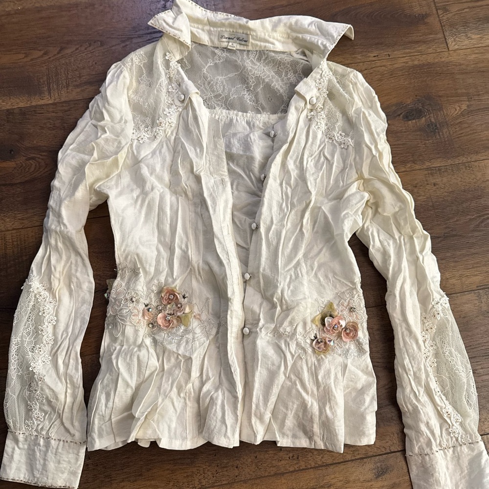 Cream Lace Button-Up Blouse with Floral Embroidery